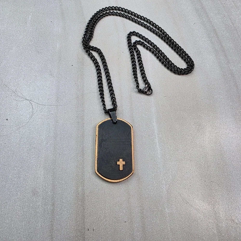 Mens Stainless Steel Black Dog Tag Cross Pendant Necklace Curb Chain Two Tone‎